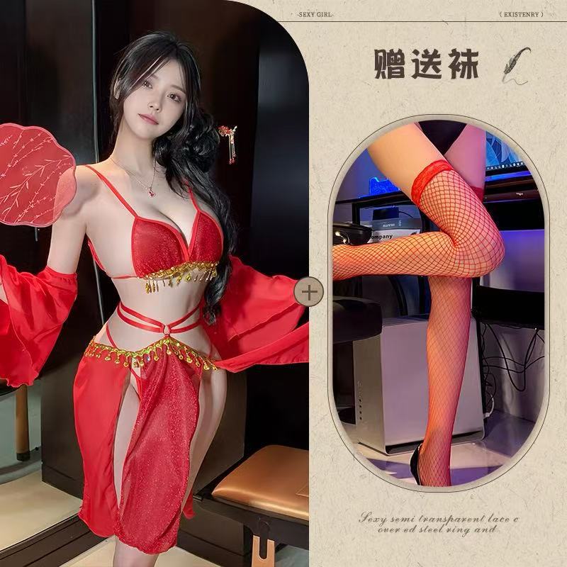 Mo Jose Shi beauty sexy full set of straps retro super fairy belly pocket lace exotic chiffon Hanfu dress cover - Red