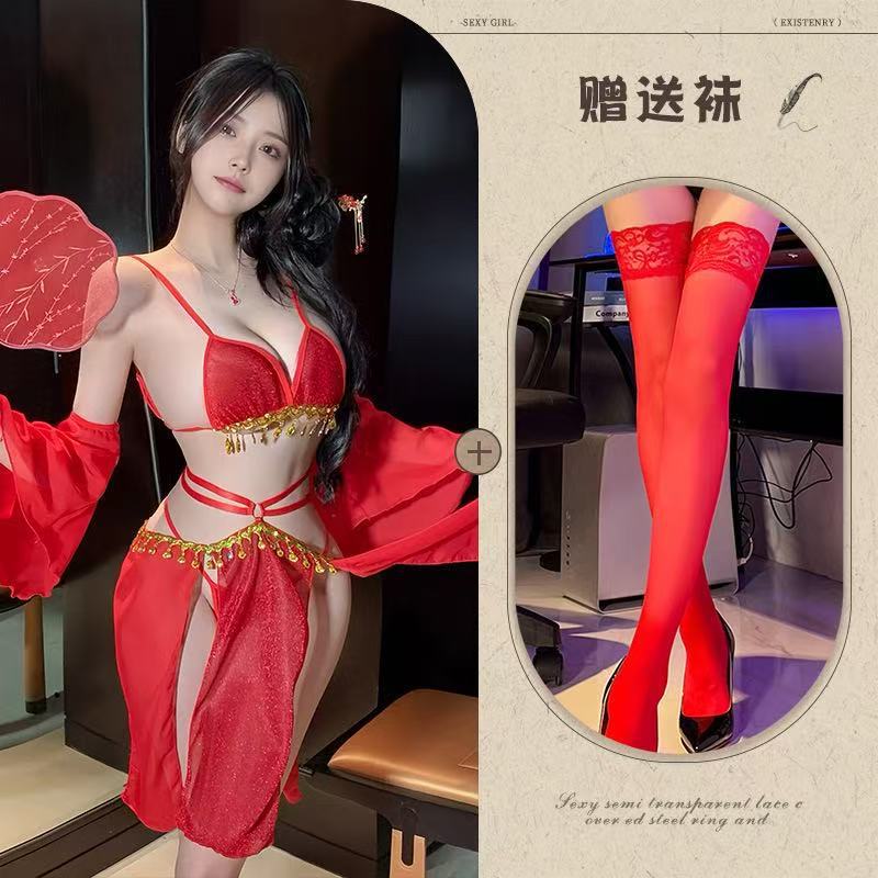 Image of Mo Jose Shi beauty sexy full set of straps retro super fairy belly pocket lace exotic chiffon Hanfu dress cover - Red