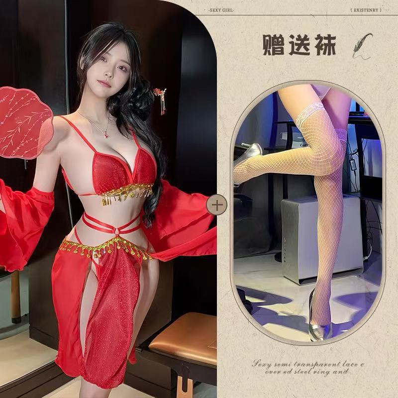 Image of Mo Jose Shi beauty sexy full set of straps retro super fairy belly pocket lace exotic chiffon Hanfu dress cover - Red