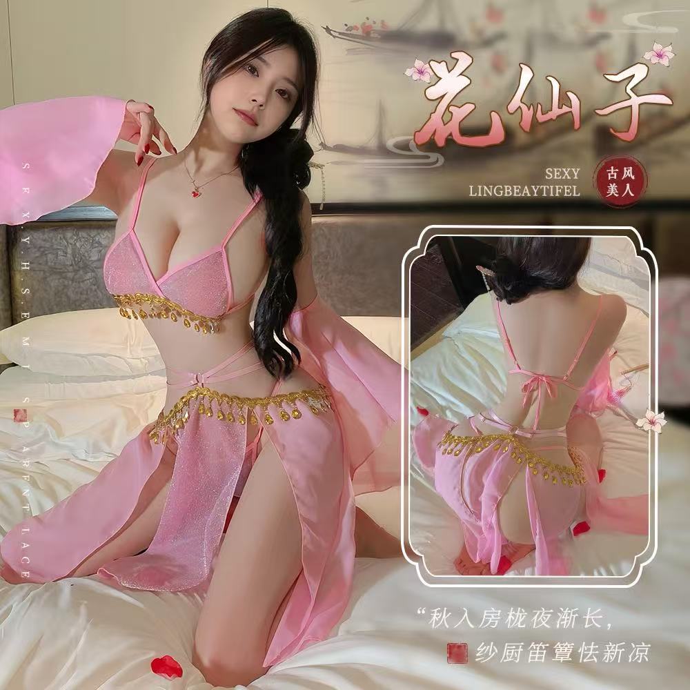 Mo Jose Shi beauty sexy full set of straps retro super fairy belly pocket lace exotic chiffon Hanfu dress cover - Sexy