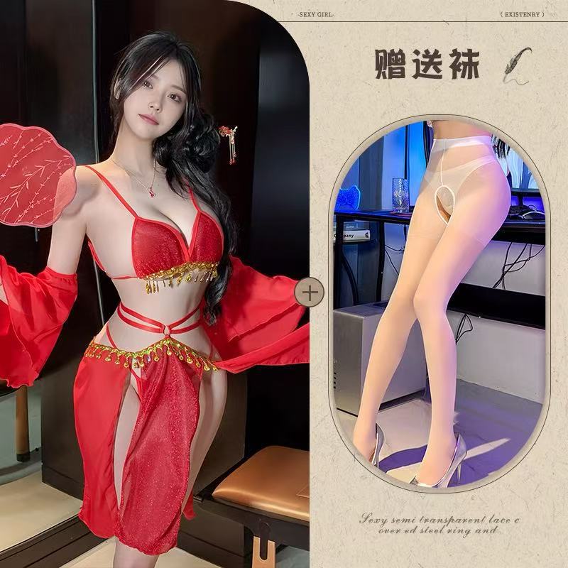 Mo Jose Shi beauty sexy full set of straps retro super fairy belly pocket lace exotic chiffon Hanfu dress cover - Red