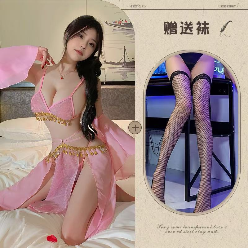 Image of Mo Jose Shi beauty sexy full set of straps retro super fairy belly pocket lace exotic chiffon Hanfu dress cover - Pink