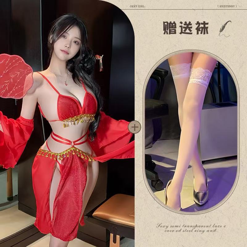 Image of Mo Jose Shi beauty sexy full set of straps retro super fairy belly pocket lace exotic chiffon Hanfu dress cover - Red