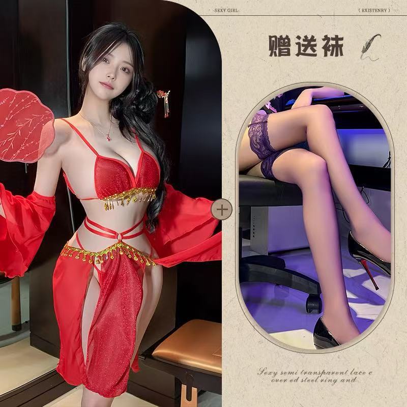 Mo Jose Shi beauty sexy full set of straps retro super fairy belly pocket lace exotic chiffon Hanfu dress cover - Red