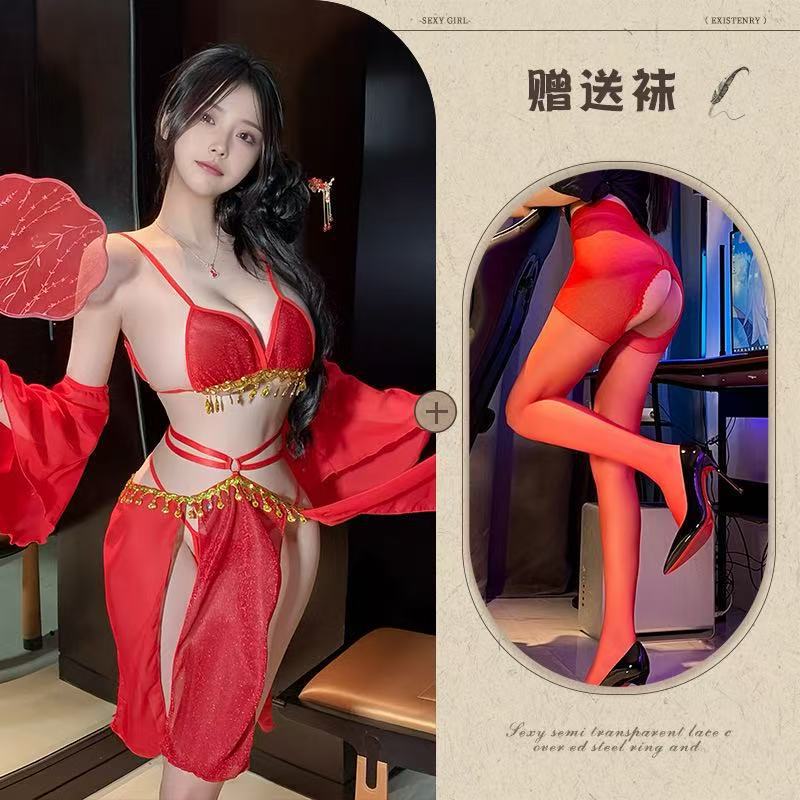 Mo Jose Shi beauty sexy full set of straps retro super fairy belly pocket lace exotic chiffon Hanfu dress cover - Red