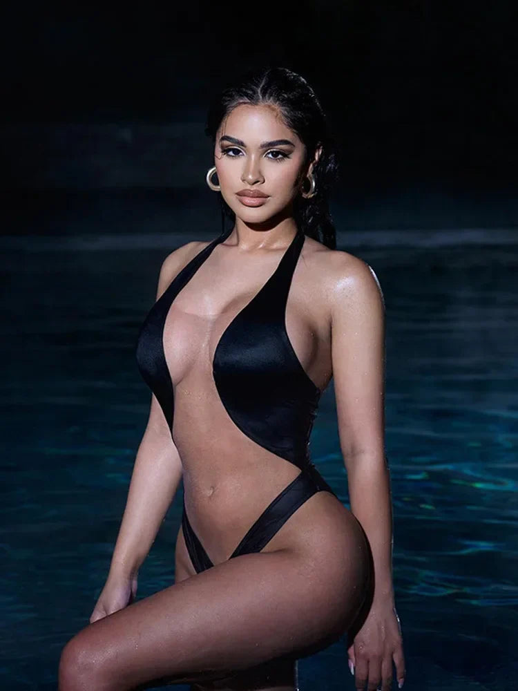 Image of Neck-Mounted Sleeveless Bodysuit One-Piece Corset Top Mesh Patchwork Bustier Sexy Lingerie Fashion Trends Summer