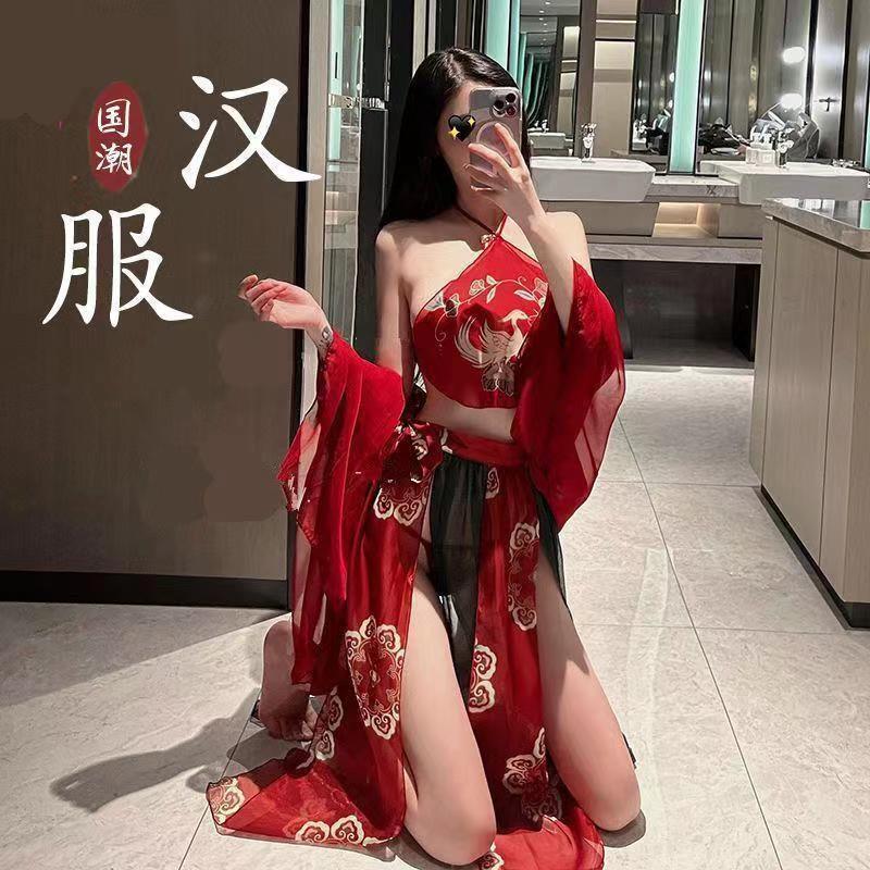 Image of New ancient costume plus size hanfu set pajamas feminine ancient belly pocket uniform chiffon nightdress ancient style