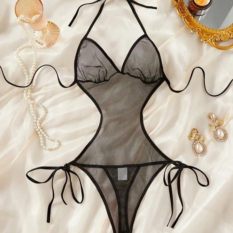 New European and American Lace Erotic Lingerie T-Pants Lace-up Patchwork See-Through Temptation Sexy Bra Set French Bra