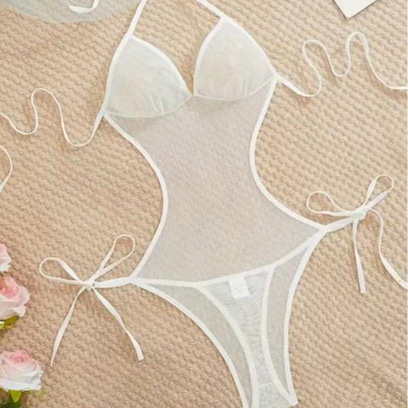 Image of New European and American Lace Erotic Lingerie T-Pants Lace-up Patchwork See-Through Temptation Sexy Bra Set French Bra