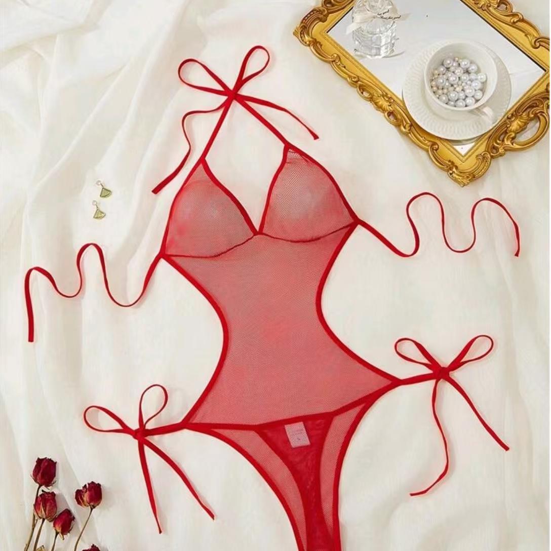 New European and American Lace Erotic Lingerie T-Pants Lace-up Patchwork See-Through Temptation Sexy Bra Set French Bra