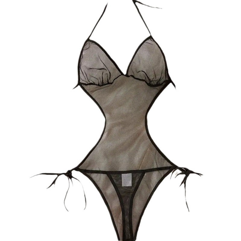 Image of New European and American Lace Erotic Lingerie T-Pants Lace-up Patchwork See-Through Temptation Sexy Bra Set French Bra