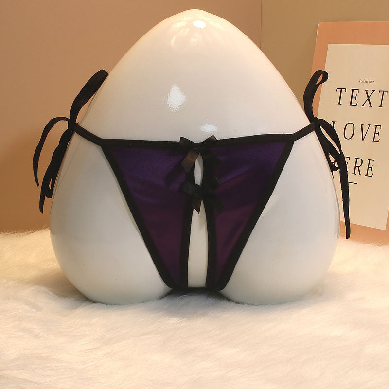 New Foreign Trade Luxury Lace-up Thong Women’s Satin Open Sexy Bow Sex Temptation Plus Size - One size / purple - Sexy