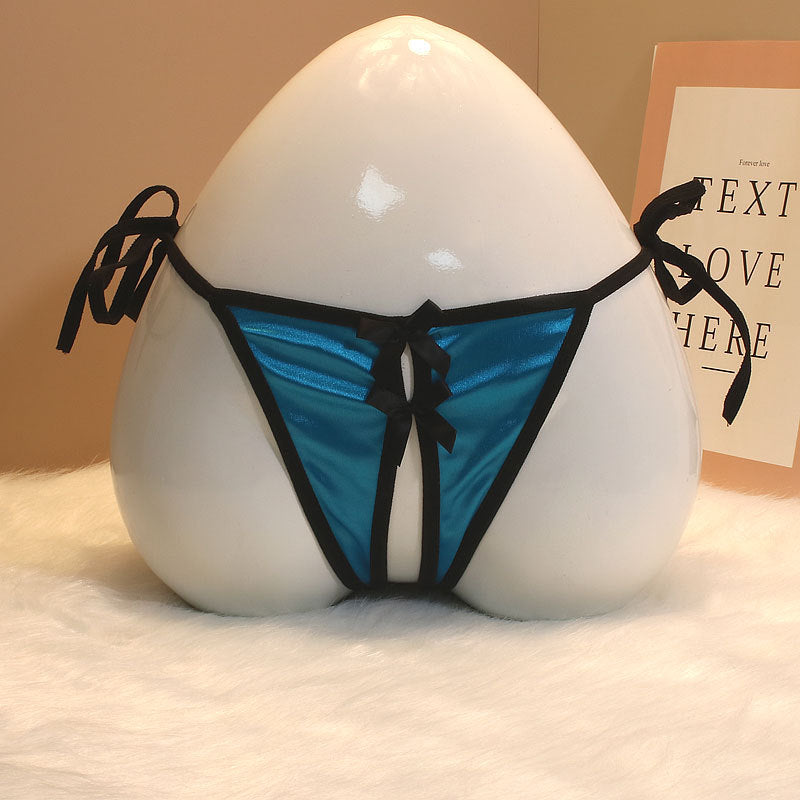 New Foreign Trade Luxury Lace-up Thong Women’s Satin Open Sexy Bow Sex Temptation Plus Size - One size / blue - Sexy