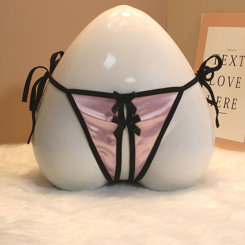New Foreign Trade Luxury Lace-up Thong Women’s Satin Open Sexy Bow Sex Temptation Plus Size - One size / pink - Sexy
