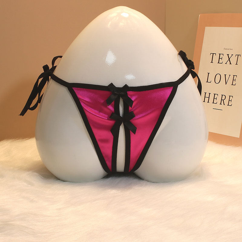 New Foreign Trade Luxury Lace-up Thong Women’s Satin Open Sexy Bow Sex Temptation Plus Size - One size / Rose red