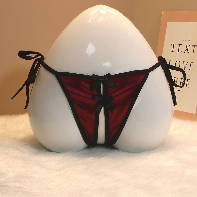 Image of New Foreign Trade Luxury Lace-up Thong Women’s Satin Open Sexy Bow Sex Temptation Plus Size - One size / Wine red