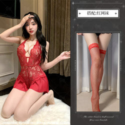 Image of Night Crisp Purple Erotic Lingerie Sexy Lace Uniform Cutout Open Jumpsuit Hot Pure Desire Pajama Dress 8012 - Red + Red
