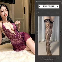 Image of Night Crisp Purple Erotic Lingerie Sexy Lace Uniform Cutout Open Jumpsuit Hot Pure Desire Pajama Dress 8012 - Purple