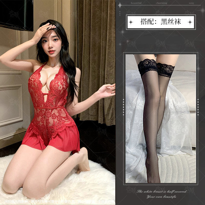 Night Crisp Purple Erotic Lingerie Sexy Lace Uniform Cutout Open Jumpsuit Hot Pure Desire Pajama Dress 8012 - Red