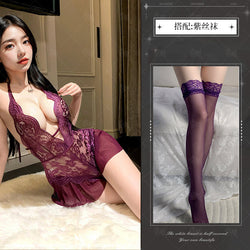 Image of Night Crisp Purple Erotic Lingerie Sexy Lace Uniform Cutout Open Jumpsuit Hot Pure Desire Pajama Dress 8012 - Purple