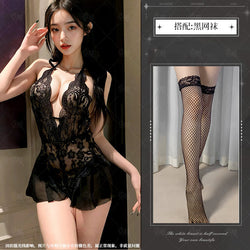 Image of Night Crisp Purple Erotic Lingerie Sexy Lace Uniform Cutout Open Jumpsuit Hot Pure Desire Pajama Dress 8012 - Black