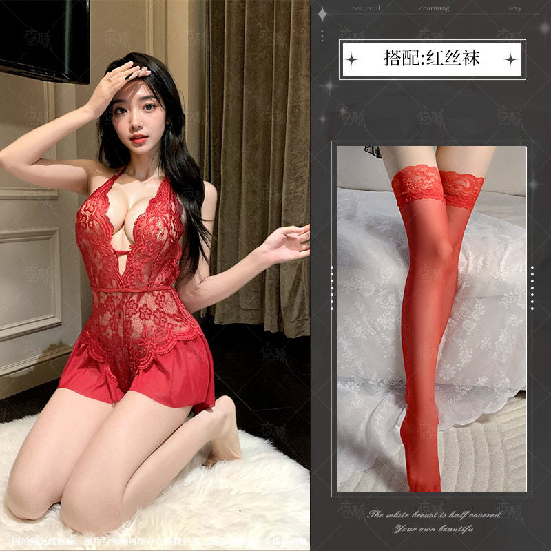 Night Crisp Purple Erotic Lingerie Sexy Lace Uniform Cutout Open Jumpsuit Hot Pure Desire Pajama Dress 8012 - Red + red