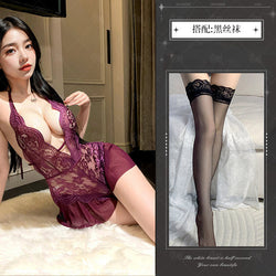 Image of Night Crisp Purple Erotic Lingerie Sexy Lace Uniform Cutout Open Jumpsuit Hot Pure Desire Pajama Dress 8012 - Purple