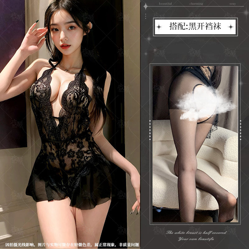 Night Crisp Purple Erotic Lingerie Sexy Lace Uniform Cutout Open Jumpsuit Hot Pure Desire Pajama Dress 8012 - Black
