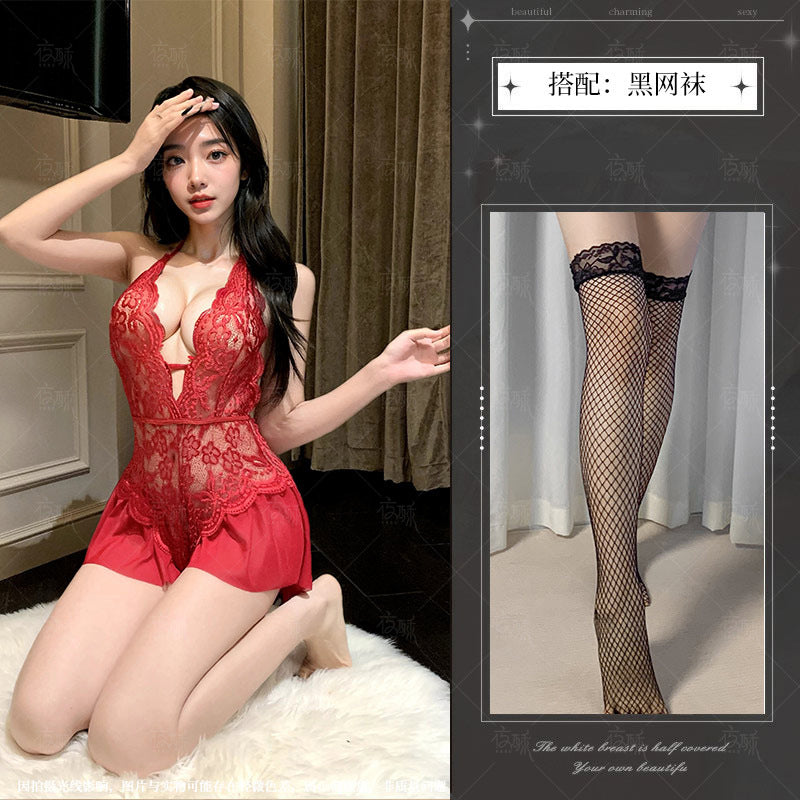 Night Crisp Purple Erotic Lingerie Sexy Lace Uniform Cutout Open Jumpsuit Hot Pure Desire Pajama Dress 8012 - Red