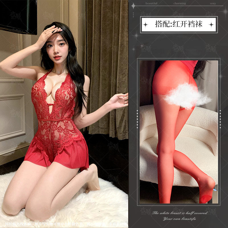 Night Crisp Purple Erotic Lingerie Sexy Lace Uniform Cutout Open Jumpsuit Hot Pure Desire Pajama Dress 8012 - Red + red