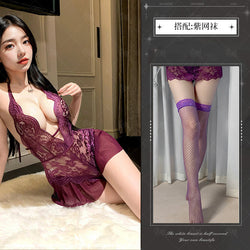 Image of Night Crisp Purple Erotic Lingerie Sexy Lace Uniform Cutout Open Jumpsuit Hot Pure Desire Pajama Dress 8012 - Purple