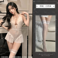 Image of Night Crisp Purple Erotic Lingerie Sexy Lace Uniform Cutout Open Jumpsuit Hot Pure Desire Pajama Dress 8012 - White