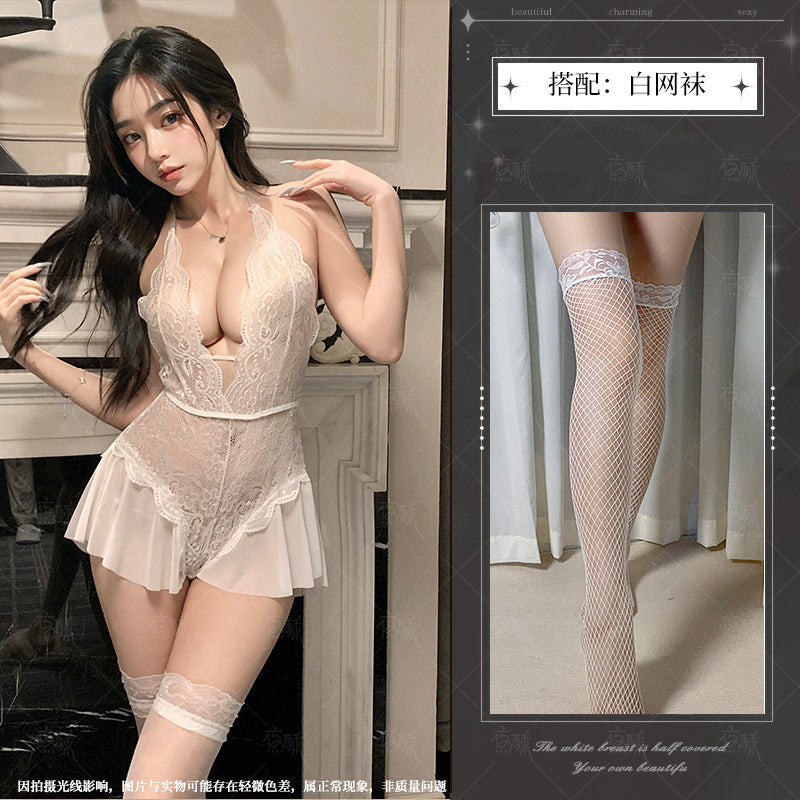 Night Crisp Purple Erotic Lingerie Sexy Lace Uniform Cutout Open Jumpsuit Hot Pure Desire Pajama Dress 8012 - White