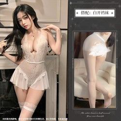 Image of Night Crisp Purple Erotic Lingerie Sexy Lace Uniform Cutout Open Jumpsuit Hot Pure Desire Pajama Dress 8012 - White