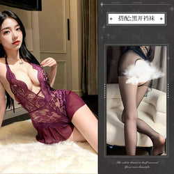 Image of Night Crisp Purple Erotic Lingerie Sexy Lace Uniform Cutout Open Jumpsuit Hot Pure Desire Pajama Dress 8012 - Purple