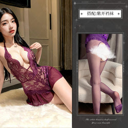 Image of Night Crisp Purple Erotic Lingerie Sexy Lace Uniform Cutout Open Jumpsuit Hot Pure Desire Pajama Dress 8012 - Purple