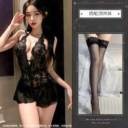 Image of Night Crisp Purple Erotic Lingerie Sexy Lace Uniform Cutout Open Jumpsuit Hot Pure Desire Pajama Dress 8012 - Black