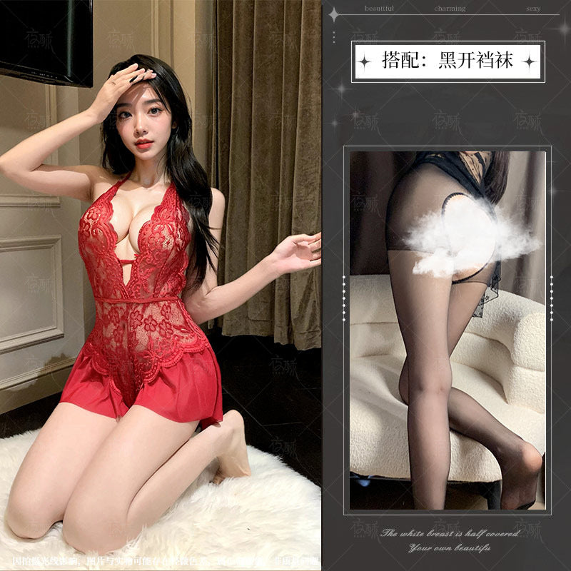 Night Crisp Purple Erotic Lingerie Sexy Lace Uniform Cutout Open Jumpsuit Hot Pure Desire Pajama Dress 8012 - Red