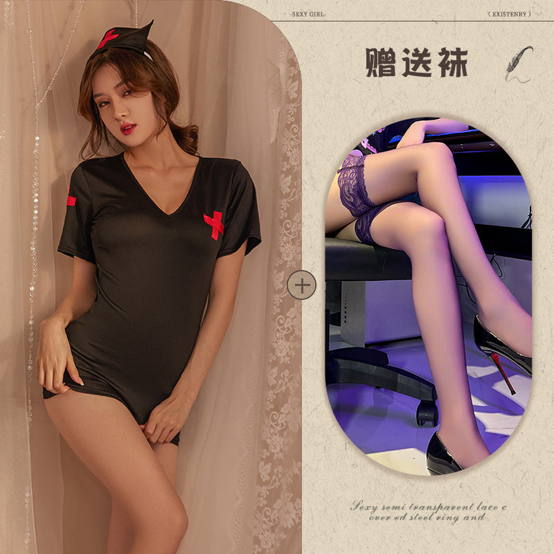 Night Tingxiang new erotic underwear back plaid nurse sexy nurse uniform temptation breast exposure set 773 - Black