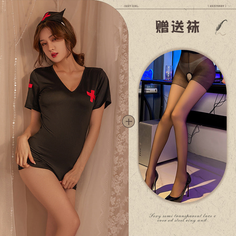 Night Tingxiang new erotic underwear back plaid nurse sexy nurse uniform temptation breast exposure set 773 - Black