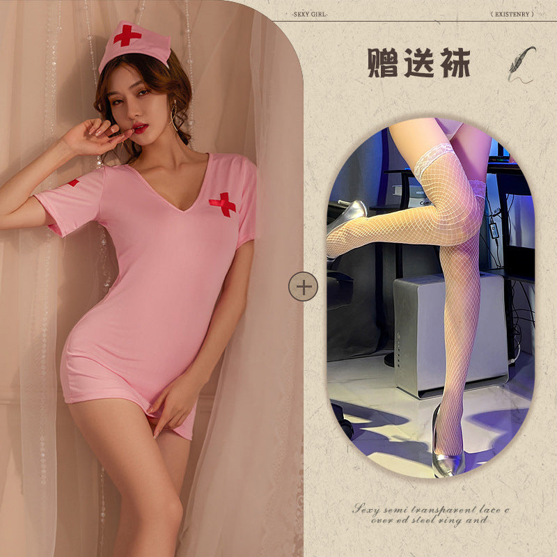 Night Tingxiang new erotic underwear back plaid nurse sexy nurse uniform temptation breast exposure set 773 - Pink