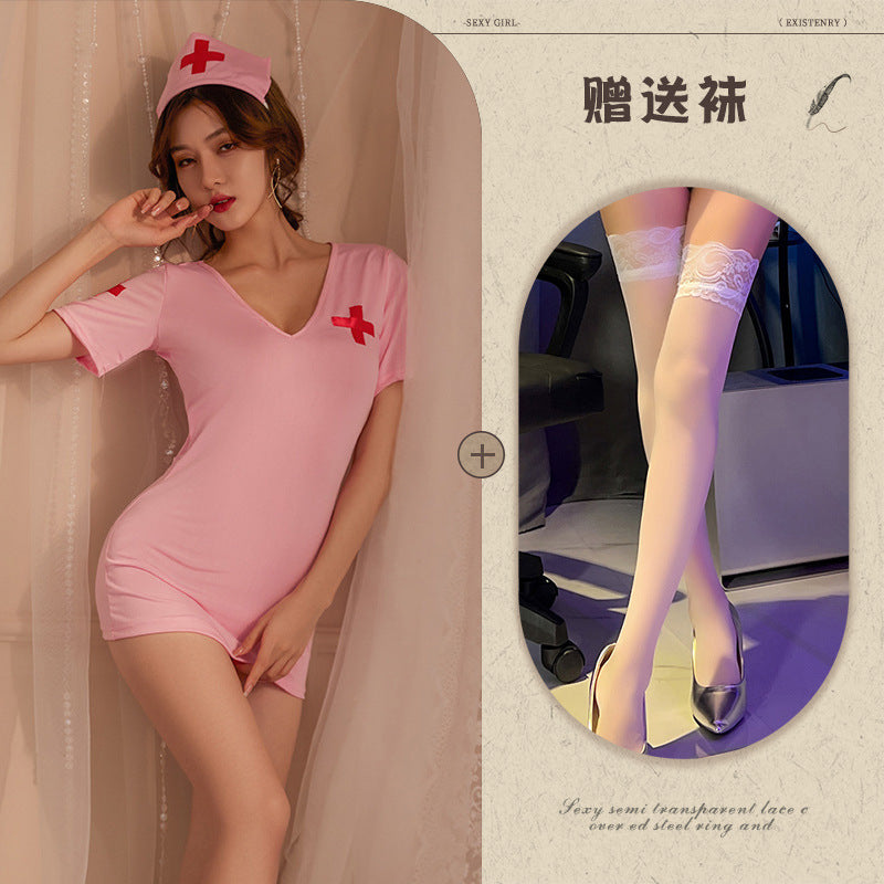 Night Tingxiang new erotic underwear back plaid nurse sexy nurse uniform temptation breast exposure set 773 - Pink
