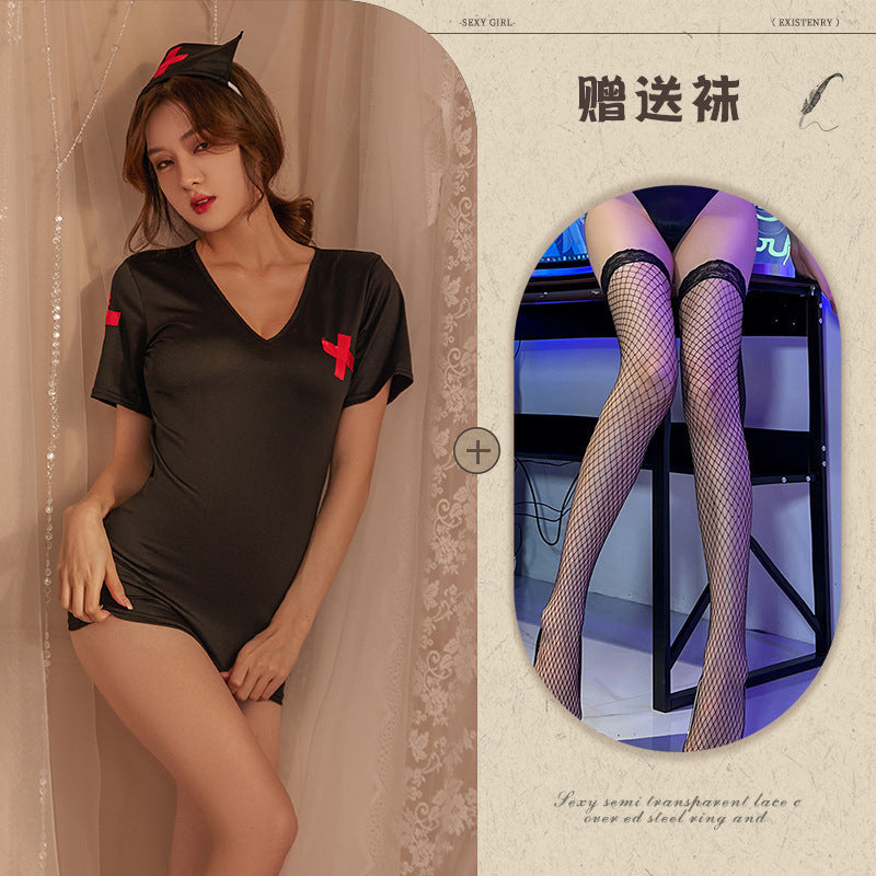 Night Tingxiang new erotic underwear back plaid nurse sexy nurse uniform temptation breast exposure set 773 - Black