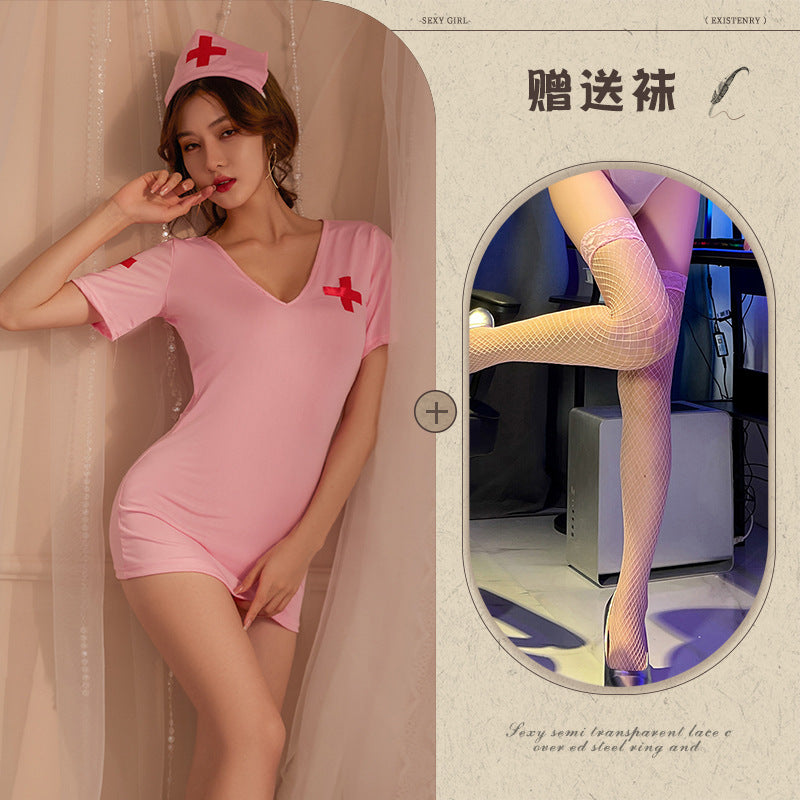 Image of Night Tingxiang new erotic underwear back plaid nurse sexy nurse uniform temptation breast exposure set 773 - Pink