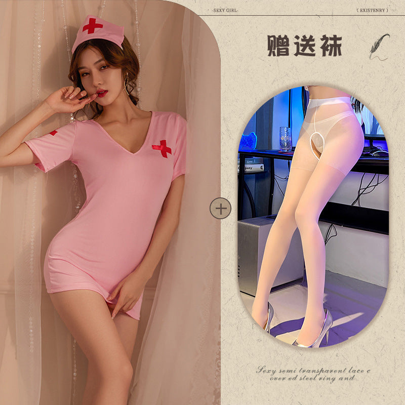 Night Tingxiang new erotic underwear back plaid nurse sexy nurse uniform temptation breast exposure set 773 - Pink
