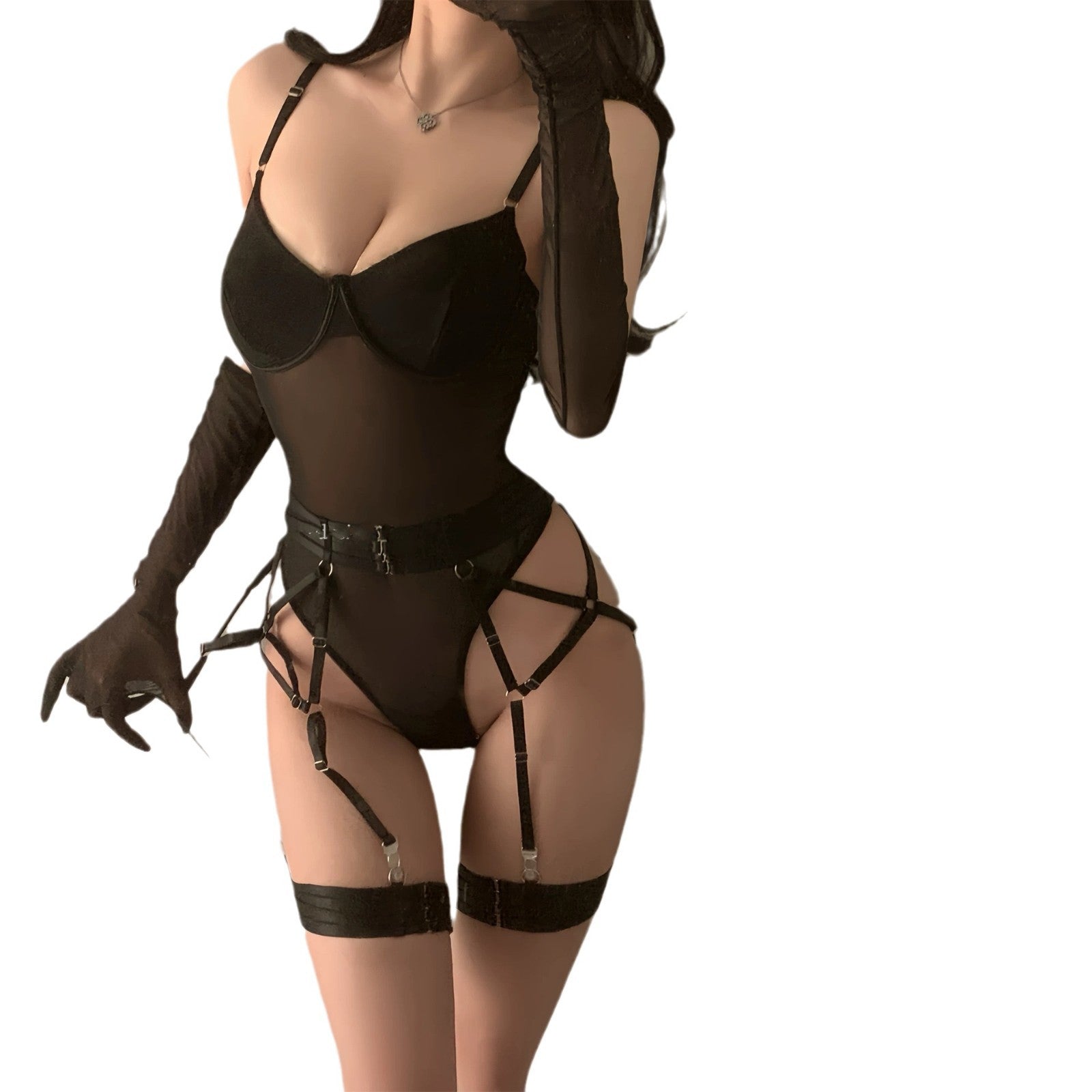 No man’s land rose sexy mesh splicing strappy bra set royal sister erotic underwear steel tortoise vest bodysuit - Sexy