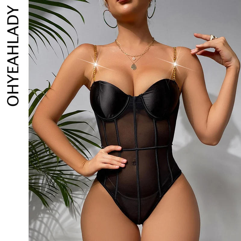 Ohyeahlady Sexy Seamless Lingerie Bodysuit Leather Teddy Transparent Underwear Oversized Underwire One-piece Jumpsuit