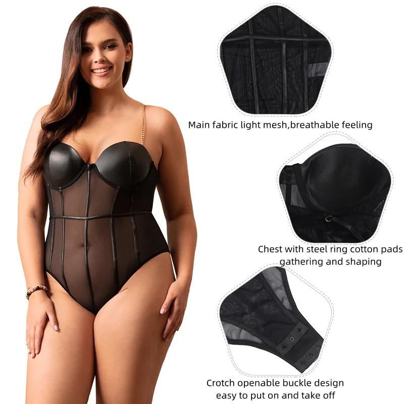 Image of Ohyeahlady Sexy Seamless Lingerie Bodysuit Leather Teddy Transparent Underwear Oversized Underwire One-piece Jumpsuit