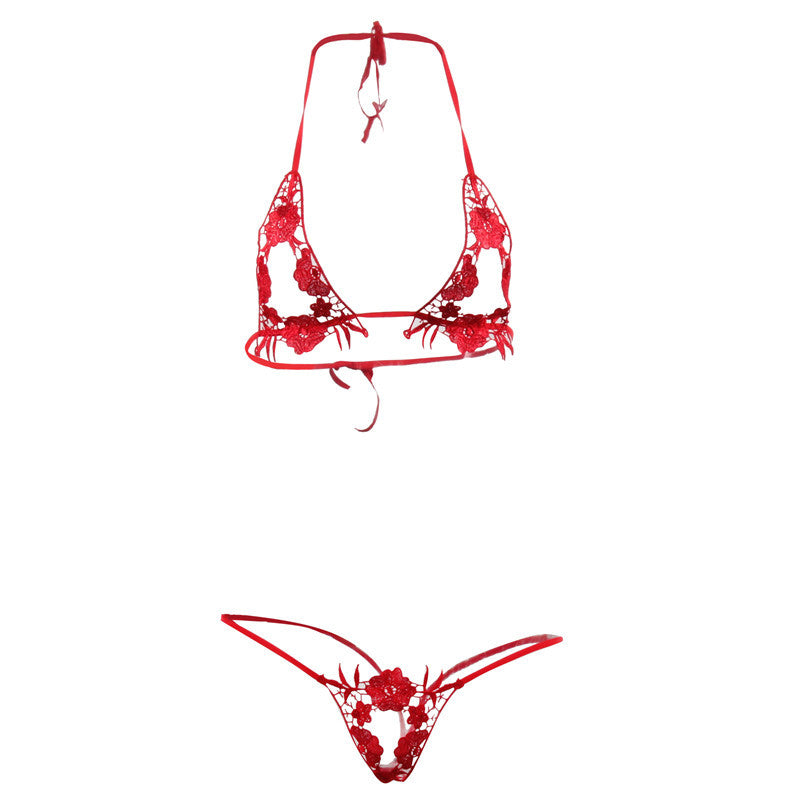 Open breast exposure three-point bra sexy seduction lace transparent seduction thong women’s erotic lingerie 1042 - red