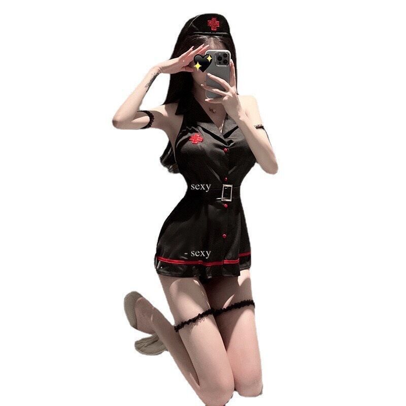 Image of Osherin erotic lingerie sexy nurse erotic uniform underwear black and white little nurse costume plus size bracelet set